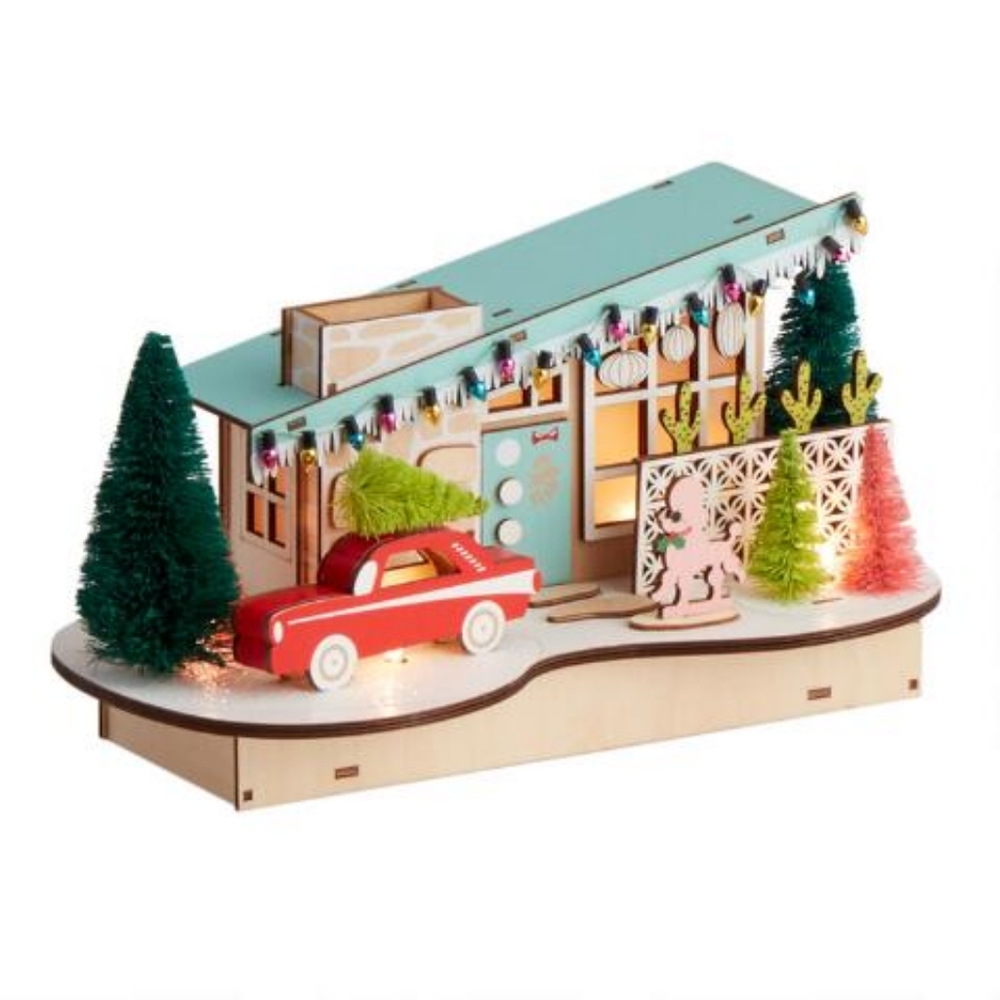 World Market Mid Century Modern Light Up Christmas House with Vintage Car